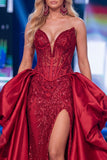 Vestido de concurso comprido com espartilho Red Mermaid transparente e faixa