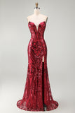 Vestido de concurso comprido com espartilho Red Mermaid transparente e faixa