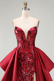 Vestido de concurso comprido com espartilho Red Mermaid transparente e faixa
