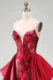 Vestido de concurso comprido com espartilho Red Mermaid transparente e faixa