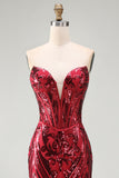 Vestido de concurso comprido com espartilho Red Mermaid transparente e faixa