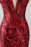Vestido de concurso comprido com espartilho Red Mermaid transparente e faixa