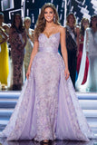 Vestido de concurso comprido com faixa, sereia lilás, glitter com purpurina e sereia