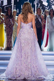 Vestido de concurso comprido com faixa, sereia lilás, glitter com purpurina e sereia