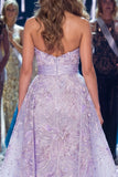 Vestido de concurso comprido com faixa, sereia lilás, glitter com purpurina e sereia