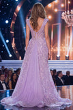 Vestido longo de concurso lilás lilás com decote em V com folhos e lantejoulas