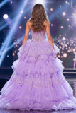 Vestido longo de concurso com espartilho lilás lilás brilhante, lantejoulas, longo vestido de concurso