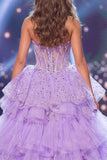 Vestido longo de concurso com espartilho lilás lilás brilhante, lantejoulas, longo vestido de concurso