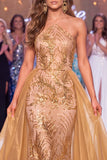 Vestido longo de concurso com decote dourado e gola alta, sereia, lantejoulas e decote dourado brilhante
