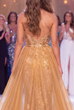 Vestido longo de concurso com decote dourado e gola alta, sereia, lantejoulas e decote dourado brilhante