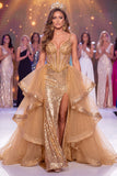 Espartilho Dourado Transparente Brilhante Vestido de Espartilho de Sereia Transparente Longo com Fenda