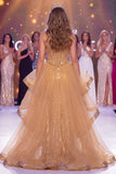Espartilho Dourado Transparente Brilhante Vestido de Espartilho de Sereia Transparente Longo com Fenda
