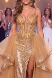 Espartilho Dourado Transparente Brilhante Vestido de Espartilho de Sereia Transparente Longo com Fenda