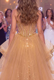 Espartilho Dourado Transparente Brilhante Vestido de Espartilho de Sereia Transparente Longo com Fenda