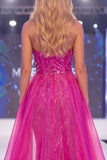 Vestido longo de concurso com sereia sem alças fúcsia brilhante