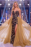 Vestido de concurso preto preto dourado com lantejoulas e lantejoulas preto brilhante