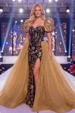 Vestido comprido de concurso com lantejoulas pretas pretas e brilhantes