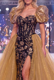 Vestido comprido de concurso com lantejoulas pretas pretas e brilhantes