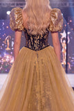 Vestido comprido de concurso com lantejoulas pretas pretas e brilhantes