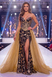 Vestido longo de concurso com faixa de espartilho preto e lantejoulas pretas douradas brilhantes