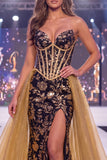 Vestido longo de concurso com faixa de espartilho preto e lantejoulas pretas douradas brilhantes