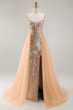 Vestido longo de concurso com espartilho transparente e sereia de champanhe brilhante