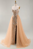 Vestido longo de concurso com espartilho transparente e sereia de champanhe brilhante