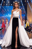 Vestido de concurso preto, branco e sereia preta, um ombro franzido, com contas e faixa