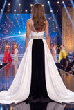 Vestido de concurso preto, branco e sereia preta, um ombro franzido, com contas e faixa