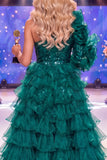 Vestido de concurso de concurso verde escuro cintilante com lantejoulas de um ombro e faixa
