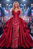 Sweetheart Bordô Sereia Corset Espartilho Longo com Contas e Vestido de Concurso