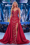 Vestido longo de concurso com espartilhos bordô sereia e faixa