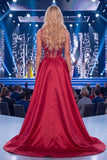 Vestido longo de concurso com espartilhos bordô sereia e faixa