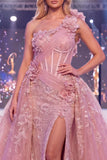 Vestido longo de concurso de espartilho transparente com espartilho de sereia de um ombro
