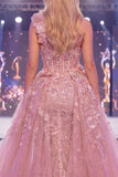 Vestido longo de concurso de espartilho transparente com espartilho de sereia de um ombro