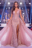 Blush de sereia, Corset transparente, Vestido longo floral de concurso com faixa