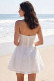 Vestido Mini Corset Sem Alças com Missangas Ivory A Line