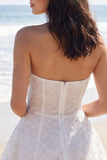 Vestido Mini Corset Sem Alças com Missangas Ivory A Line