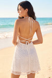 Vestido Mini com Misangas de Marfim Halter Linha A