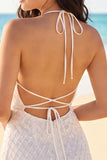 Vestido Mini com Misangas de Marfim Halter Linha A