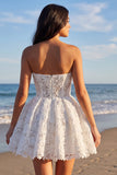 Vestido Branco Pequeno Branco de Renda Floral Sem Alças