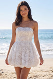 Corset Floral Strapless A Line Vestido Branco Pequeno