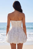Corset Floral Strapless A Line Vestido Branco Pequeno