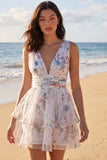 Uma linha de vestido mini floral estampado em marfim, decote em V