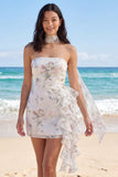 Vestido Branco Pequeno Branco Bodycon Floral, Folhos Sem Alças