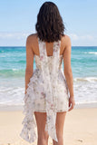 Vestido Branco Pequeno Branco Bodycon Floral, Folhos Sem Alças