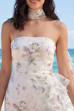 Vestido Branco Pequeno Branco Bodycon Floral, Folhos Sem Alças