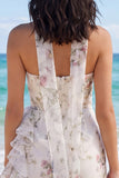 Vestido Branco Pequeno Branco Bodycon Floral, Folhos Sem Alças
