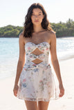 Vestido Branco Pequeno Cortado Floral Sem Alças