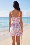 Vestido Pequeno Branco Bodycon Floral com Folhos de Decote V